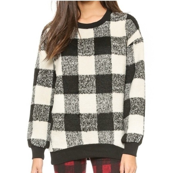 J.O.A. Black & White Buffalo Checkered Plaid Crew Neck Sweater Size Medium - Picture 1 of 16
